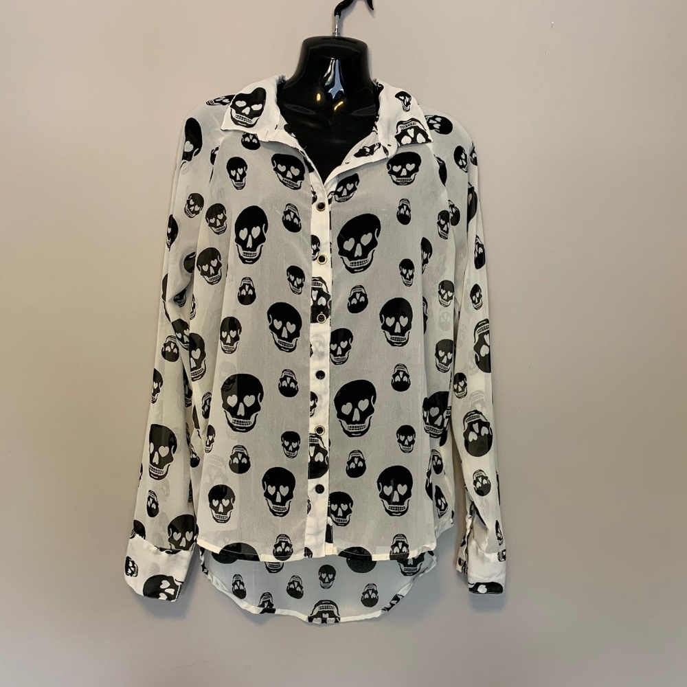 Fun & Flirt White Button-Up Blouse with Black Skull Print
